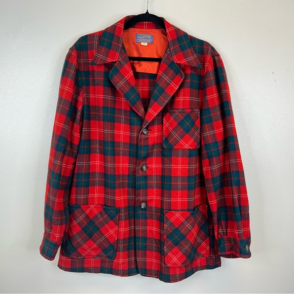 Vintage 60s 70s Pendleton Red and Green Plaid Virgin Wool Jacket Pockets Mens M - Picture 2 of 14